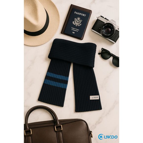 J.Crew  Ribbed Knit Long Scarf Unisex Luxury Wool Blend Navy Blue Stripe 86" - Picture 3 of 13